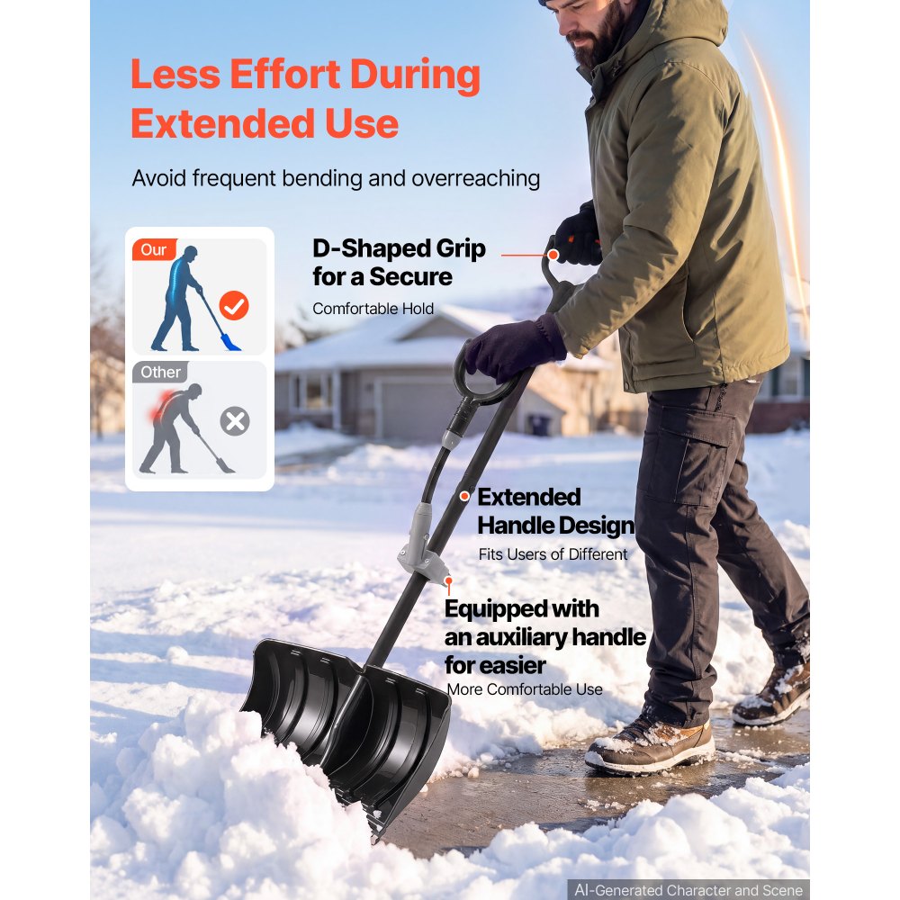 VEVOR Snow Shovel for Driveway 18" Plastic Shovel Assist Handle & D-Grip, for Home Garden Camping Outdoor Use, Steel Strip, Large Capacity Lightweight Snow Removal Tool with Extended Steel Handle