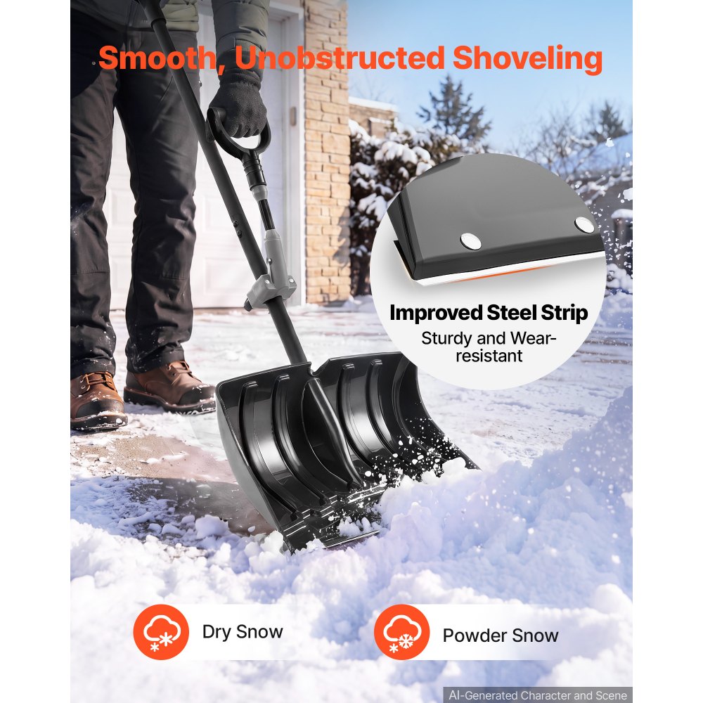 VEVOR Snow Shovel for Driveway 18" Plastic Shovel Assist Handle & D-Grip, for Home Garden Camping Outdoor Use, Steel Strip, Large Capacity Lightweight Snow Removal Tool with Extended Steel Handle