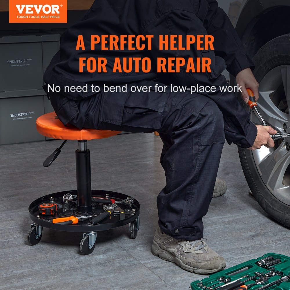 VEVOR Mechanic Stool, 250 LBS Rolling Pneumatic Creeper Garage/Shop Seat, Adjustable Height 22 in-28 in Padded Rolling Workshop Stool with Tool Tray, for Garage, Shop, Auto Repair, Black+Orange