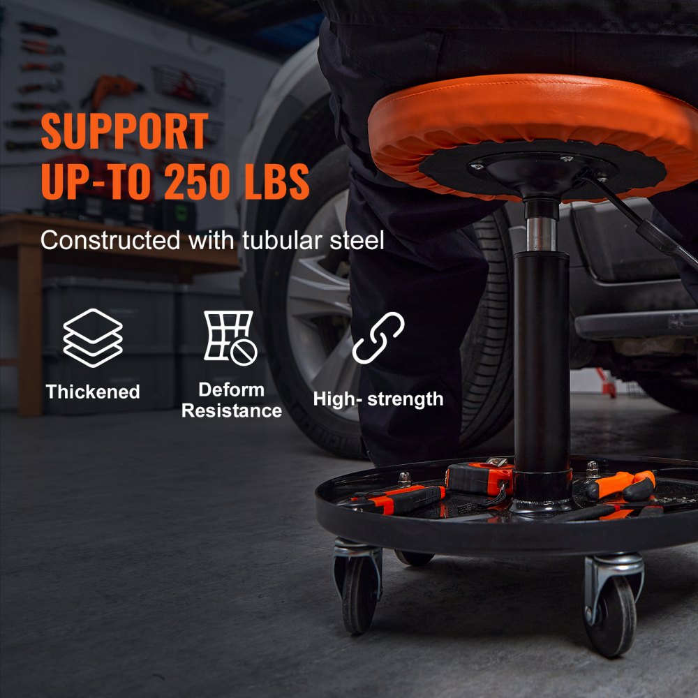VEVOR Mechanic Stool, 250 LBS Rolling Pneumatic Creeper Garage/Shop Seat, Adjustable Height 22 in-28 in Padded Rolling Workshop Stool with Tool Tray, for Garage, Shop, Auto Repair, Black+Orange