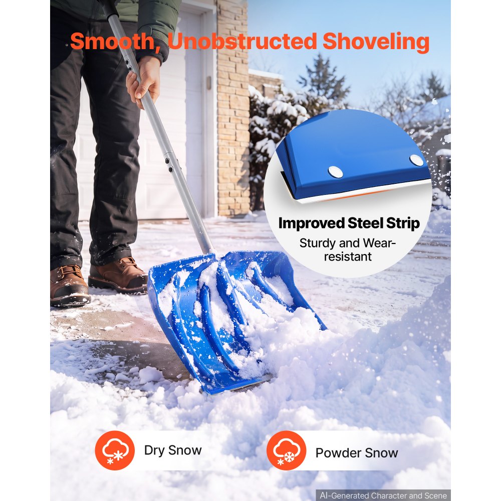 VEVOR Snow Shovel for Driveway 18" Wide Plastic Shovel with D-Grip Handle, for Home Garden Camping Outdoor Use, Steel Strip, Large Capacity Lightweight Snow Removal Tool with Extended Steel Handle
