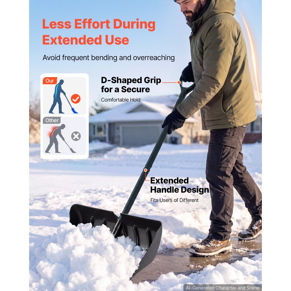 VEVOR Snow Shovel for Driveway 22" Wide Plastic Shovel with D-Grip Handle, for Home Garden Camping Outdoor Use, Aluminum Strip, Large Capacity Lightweight Snow Removal Tool with Extended Steel Handle