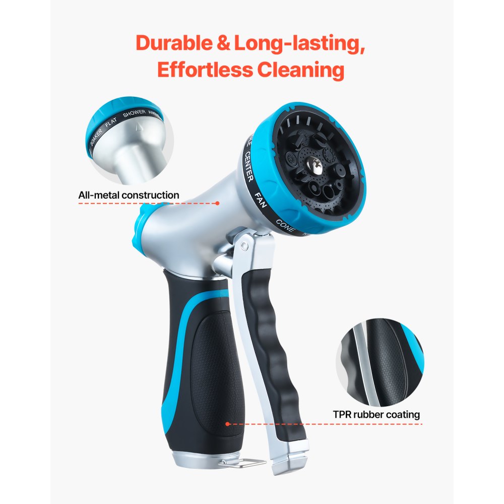 VEVOR Hose Nozzle, 10 Adjustable Spray Patterns, Metal Water Hose Nozzle with Comfortable Ergonomic Grip, Garden Hose Nozzle Sprayer with Flow Control for Watering Plants & Lawns, Washing Cars & Pets