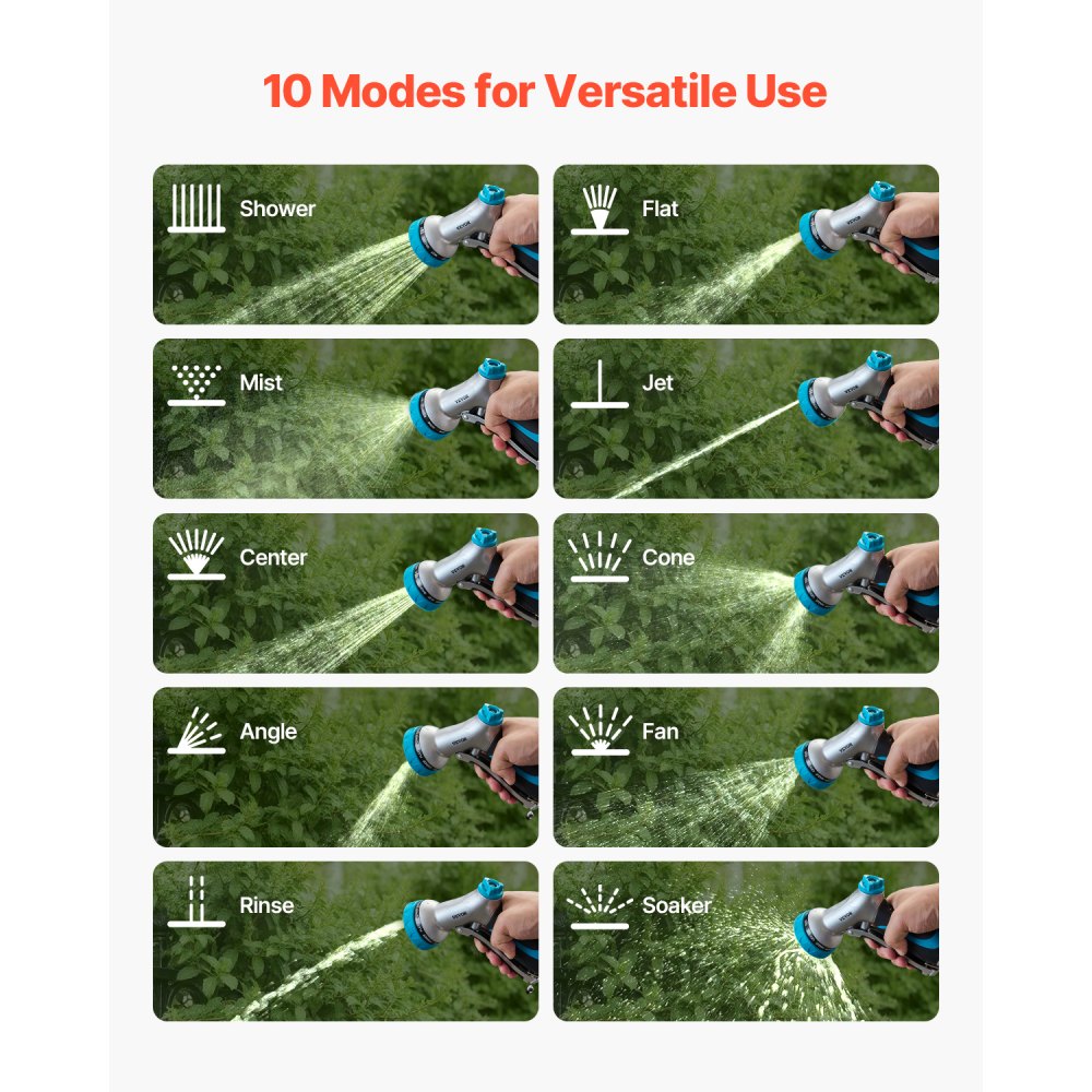 VEVOR Hose Nozzle, 10 Adjustable Spray Patterns, Metal Water Hose Nozzle with Comfortable Ergonomic Grip, Garden Hose Nozzle Sprayer with Flow Control for Watering Plants & Lawns, Washing Cars & Pets