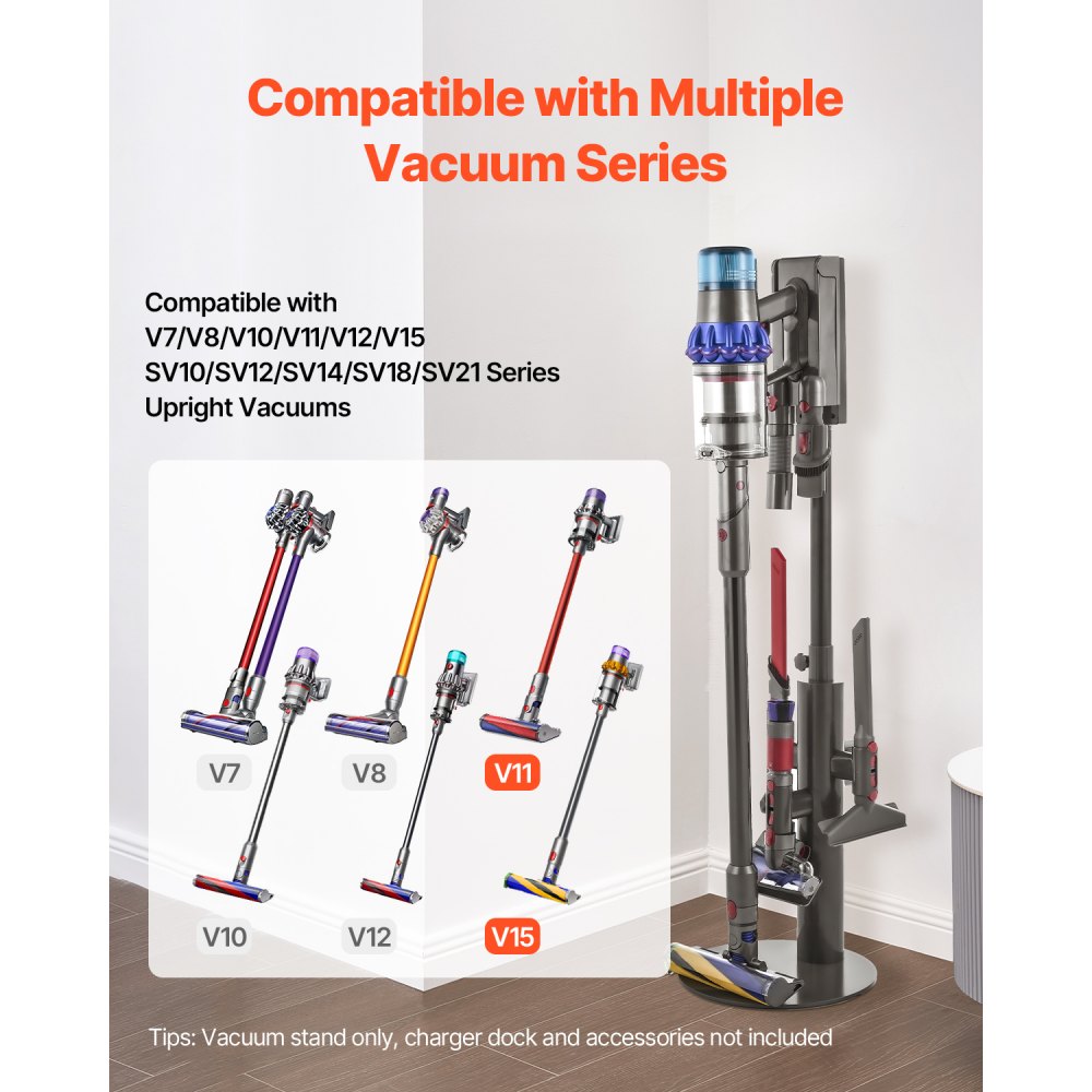 VEVOR Vacuum Stand, Compatible With Dyson V7 V8 V10 V11 V12 V15 SV10 SV12 SV14 SV18 SV21 Upright Vacuum Cleaners & Accessories, Stable Vacuum Stand Holder with 3 Clips and Adjustable Height