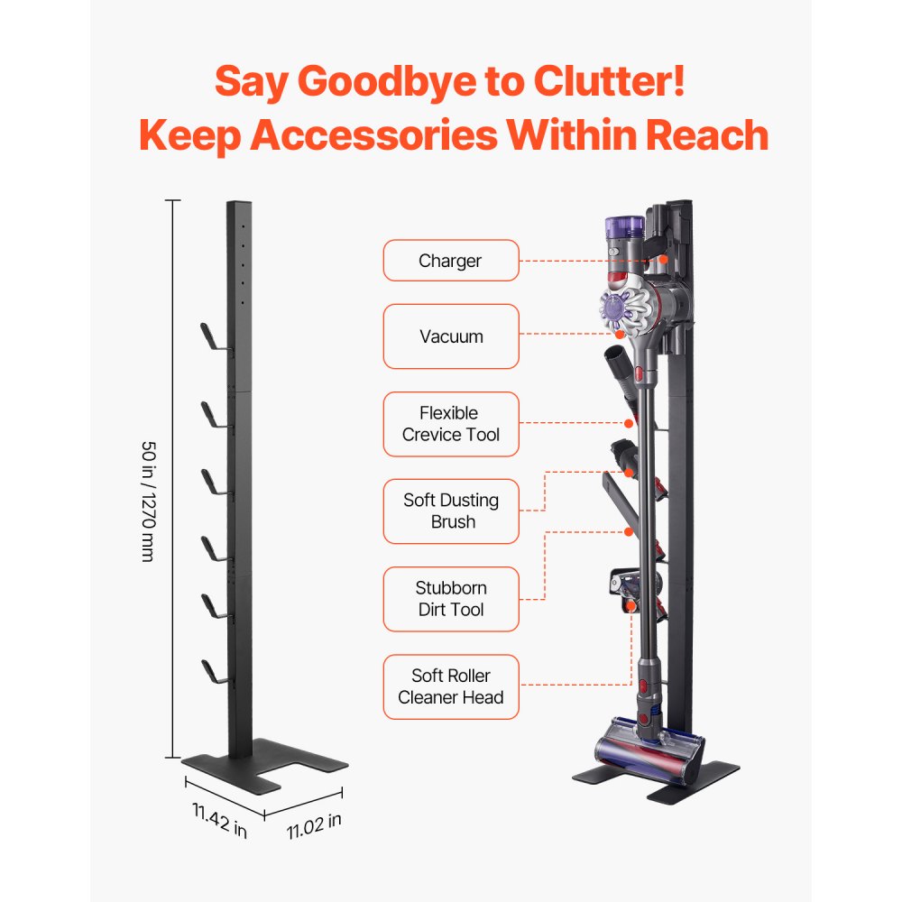 VEVOR Vacuum Stand, Compatible With Dyson V6 V7 V8 V10 V11 V15, Stable Vacuum Stand Holder with 6 Hooks for Dyson DC30 DC31 DC34 DC35 DC58 DC59 DC62 D74 Cordless Upright Vacuum Cleaners & Accessories
