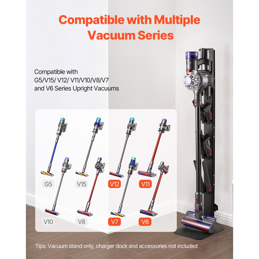 VEVOR Vacuum Stand, Compatible with Dyson G5 V15 V12 V11 V10 V8 V7 V6 Series Upright Vacuums Cleaners & Accessories, Stable Vacuum Stand Holder with 6 Hooks and Non-slip Footpads, Black