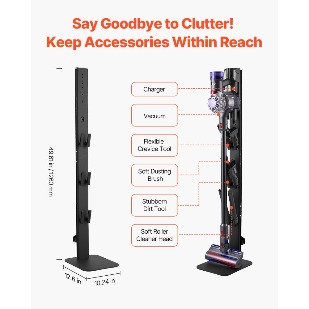VEVOR Vacuum Stand, Compatible with Dyson G5 V15 V12 V11 V10 V8 V7 V6 Series Upright Vacuums Cleaners & Accessories, Stable Vacuum Stand Holder with 6 Hooks and Non-slip Footpads, Black
