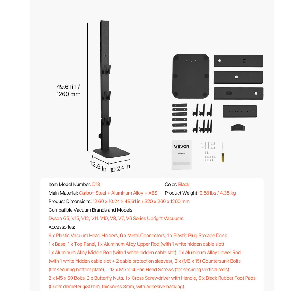 VEVOR Vacuum Stand, Compatible with Dyson G5 V15 V12 V11 V10 V8 V7 V6 Series Upright Vacuums Cleaners & Accessories, Stable Vacuum Stand Holder with 6 Hooks and Non-slip Footpads, Black