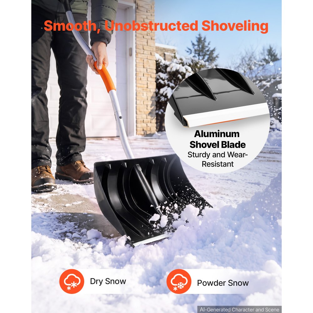 VEVOR Snow Shovel for Driveway 17" Wide Plastic Shovel with D-Grip Handle, for Home Garden Camping Outdoor, Aluminum Strip, Large Capacity Lightweight Ergonomic Snow Removal Tool, Extended Handle