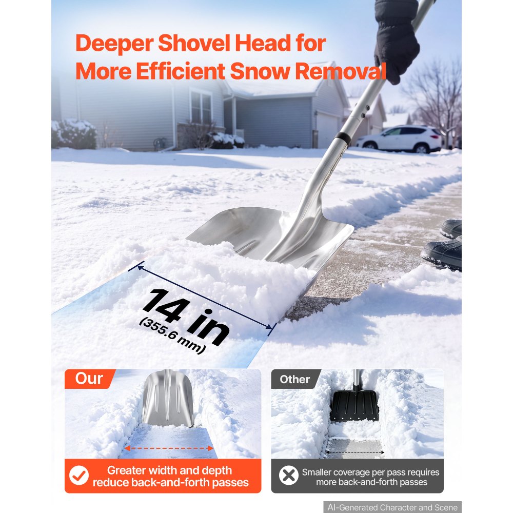 VEVOR Snow Shovel for Driveway 14" Wide Aluminum Shovel with D-Grip Handle, for Home Garden Camping Outdoor, One-Piece Aluminum Head, Large Capacity Lightweight Snow Removal Tool with Extended Handle