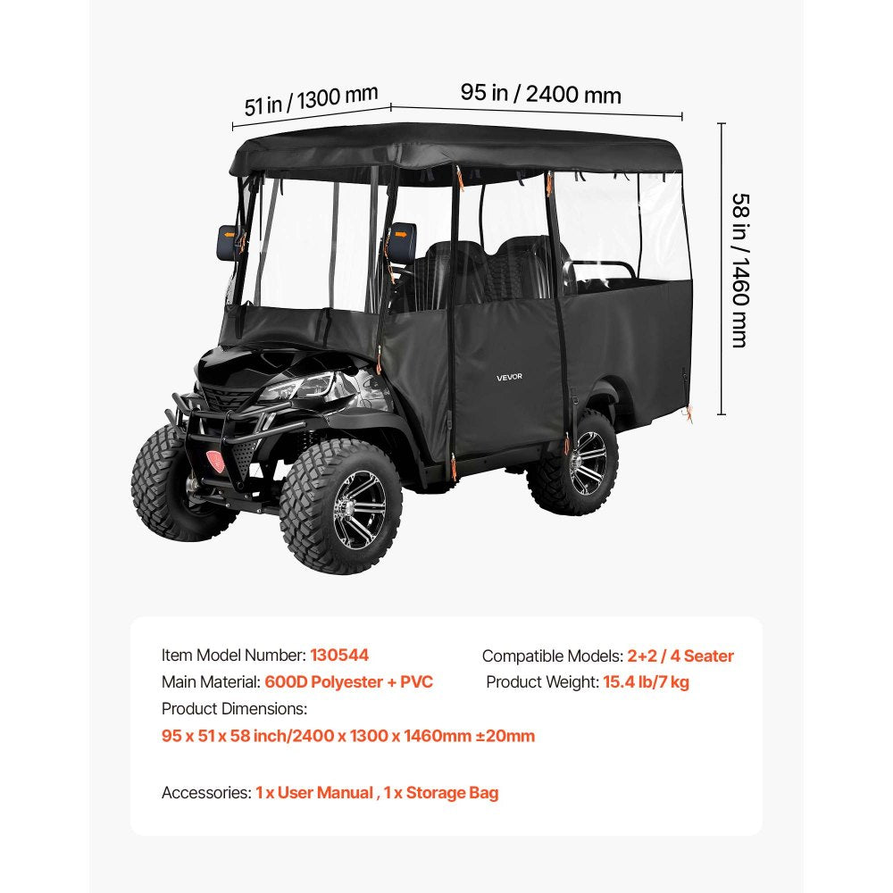 VEVOR Golf Cart Cover, Visible Full-Enclosure 2+2/4 Passenger Golf Cart, 600D Waterproof Oxford Fabric Club Car Cover Fits Most Carts Club Car, Yamaha, EZGO, Honda, PVC Coating & Windproof Hook Design