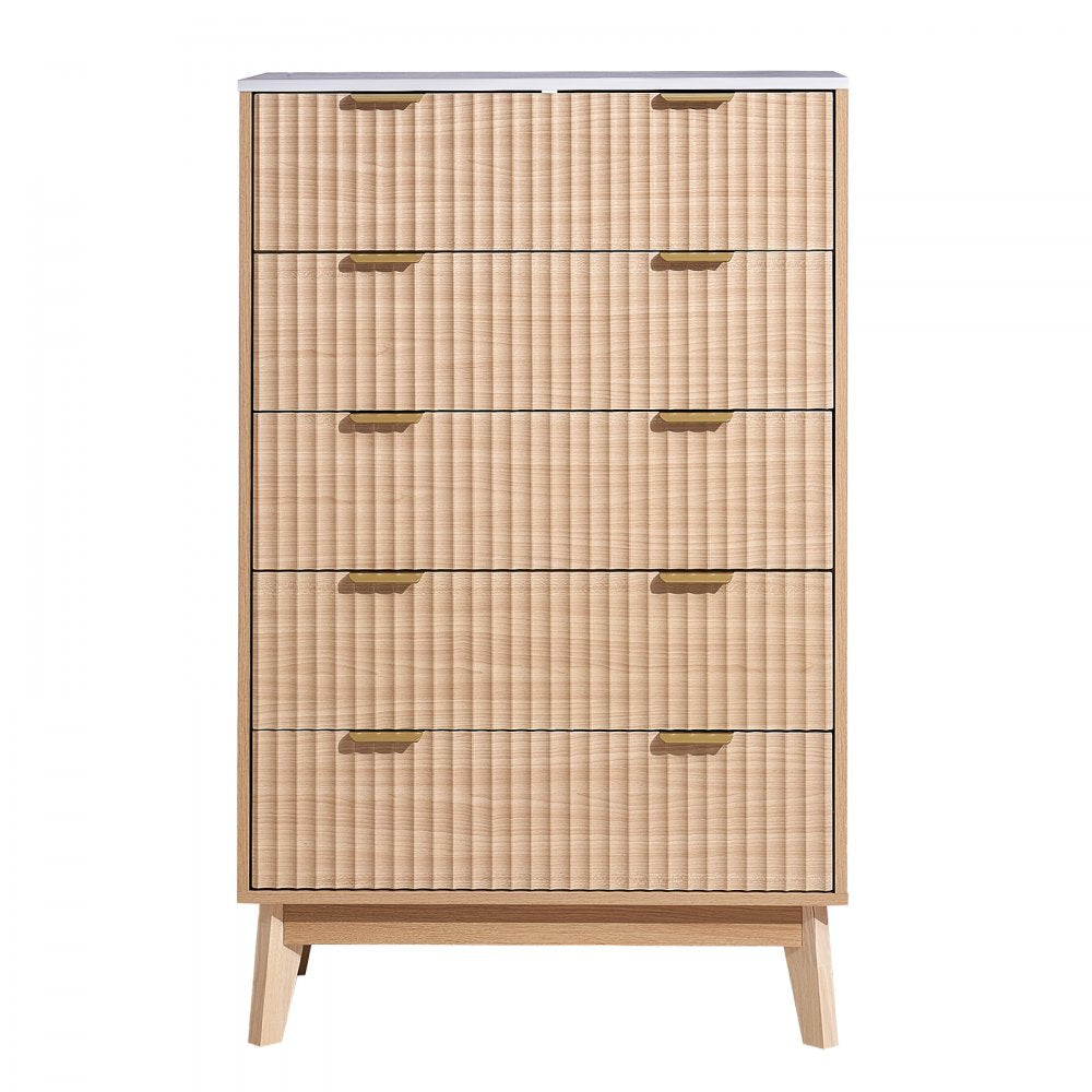 VEVOR 5 Fluted Drawer Dresser, Wooden Chest of Drawers with Sliding & Anti-tip Device, Modern Minimalist Dresser Chest, Closet Storage Organizer for Living Room, Hallway, Bedroom, Entryway, Light Wood