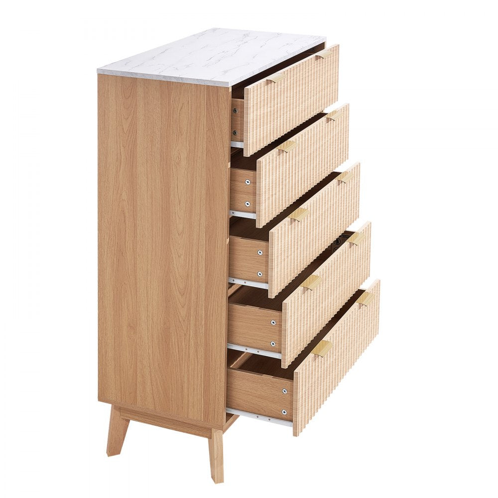 VEVOR 5 Fluted Drawer Dresser, Wooden Chest of Drawers with Sliding & Anti-tip Device, Modern Minimalist Dresser Chest, Closet Storage Organizer for Living Room, Hallway, Bedroom, Entryway, Light Wood