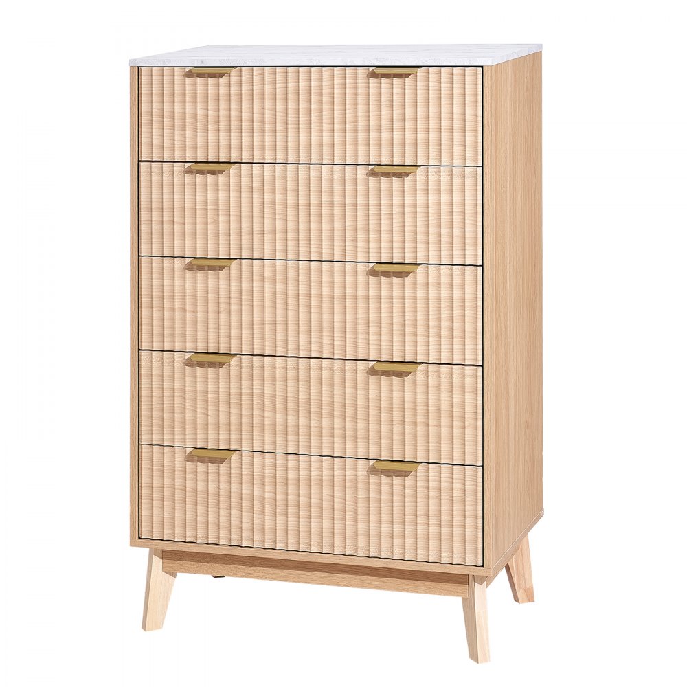 VEVOR 5 Fluted Drawer Dresser, Wooden Chest of Drawers with Sliding & Anti-tip Device, Modern Minimalist Dresser Chest, Closet Storage Organizer for Living Room, Hallway, Bedroom, Entryway, Light Wood