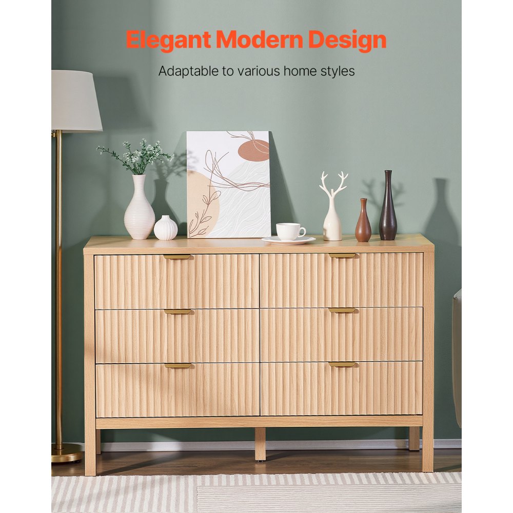 VEVOR 6 Fluted Drawer Dresser, Wooden Chest of Drawers with Sliding & Anti-tip Device, Modern Minimalist Dresser Chest, Closet Storage Organizer for Living Room, Hallway, Entryway, Light Wood