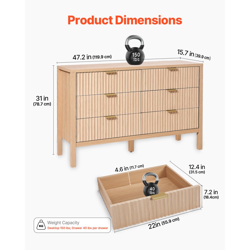VEVOR 6 Fluted Drawer Dresser, Wooden Chest of Drawers with Sliding & Anti-tip Device, Modern Minimalist Dresser Chest, Closet Storage Organizer for Living Room, Hallway, Entryway, Light Wood