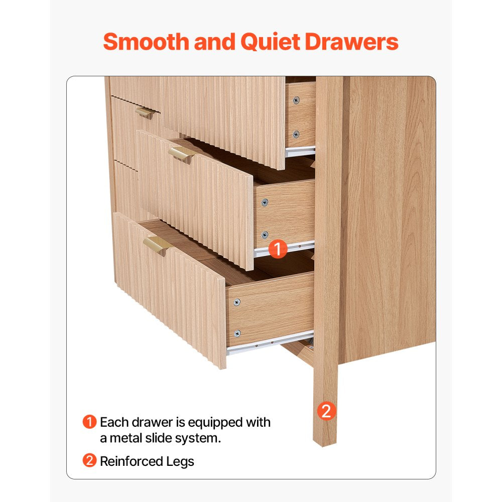 VEVOR 6 Fluted Drawer Dresser, Wooden Chest of Drawers with Sliding & Anti-tip Device, Modern Minimalist Dresser Chest, Closet Storage Organizer for Living Room, Hallway, Entryway, Light Wood