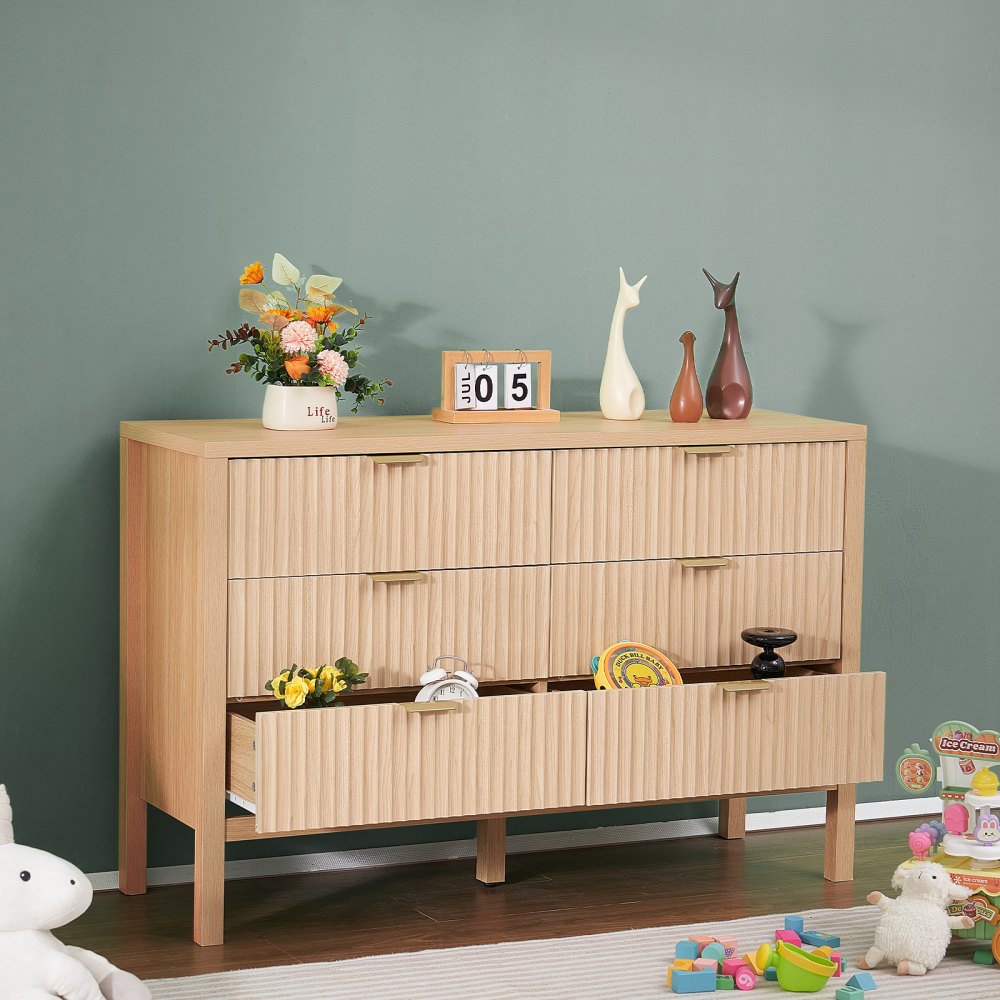 VEVOR 6 Fluted Drawer Dresser, Wooden Chest of Drawers with Sliding & Anti-tip Device, Modern Minimalist Dresser Chest, Closet Storage Organizer for Living Room, Hallway, Entryway, Light Wood
