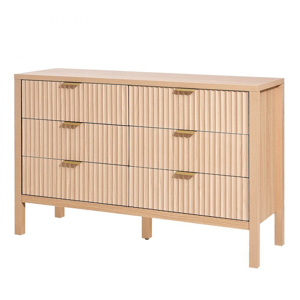 VEVOR 6 Fluted Drawer Dresser, Wooden Chest of Drawers with Sliding & Anti-tip Device, Modern Minimalist Dresser Chest, Closet Storage Organizer for Living Room, Hallway, Entryway, Light Wood