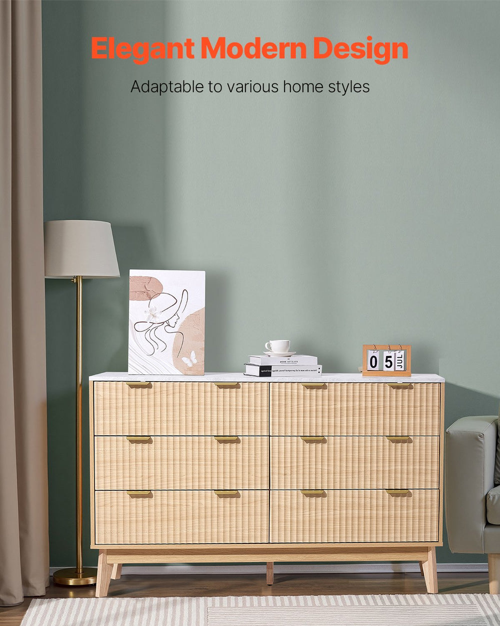 VEVOR 6 Fluted Drawer Dresser lifestyle image (elegant modern design)