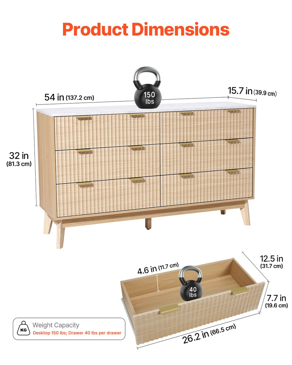 VEVOR 6 Fluted Drawer Dresser product dimensions and drawer dimensions diagram
