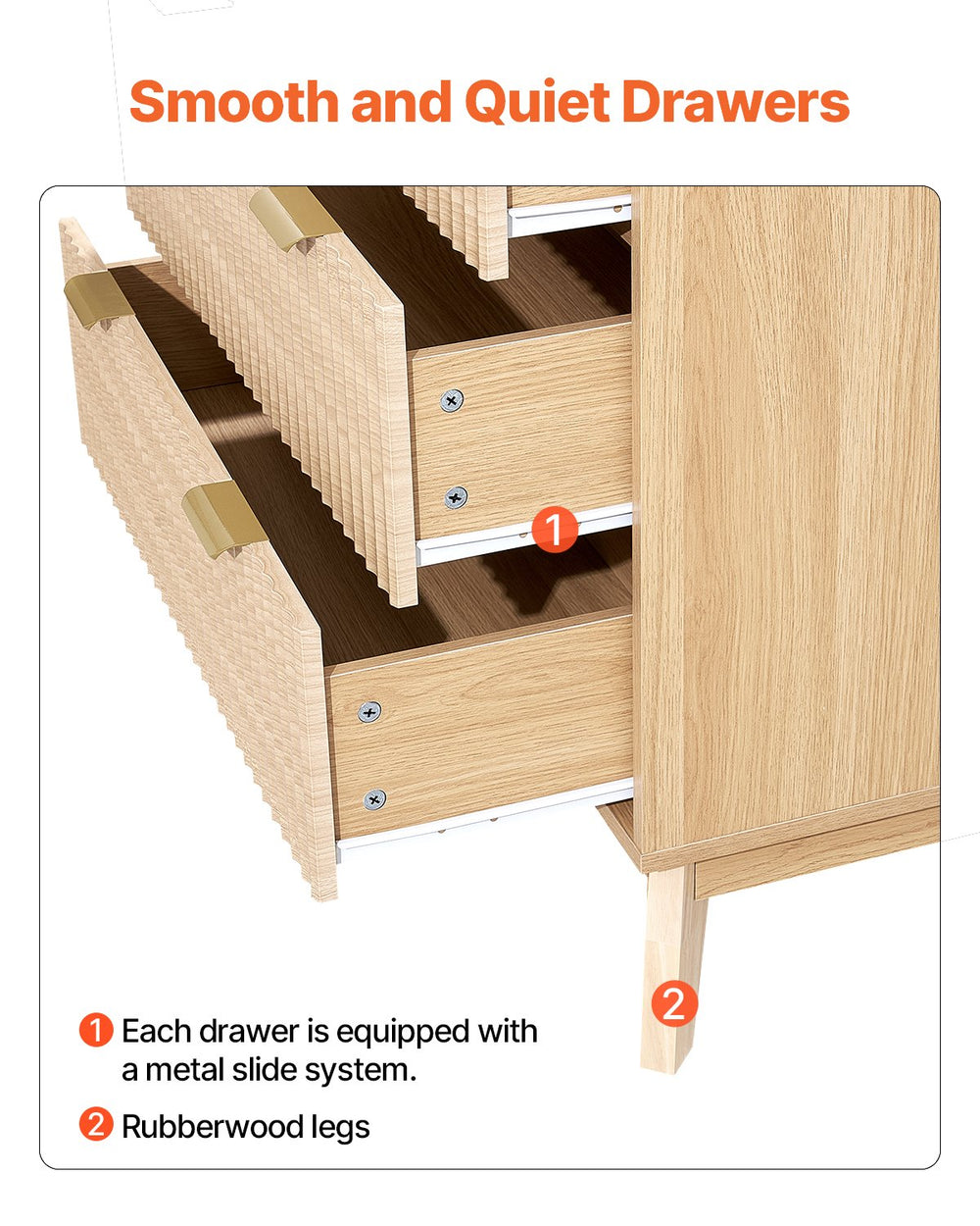 VEVOR 6 Fluted Drawer Dresser smooth and quiet drawers detail (metal slide system)