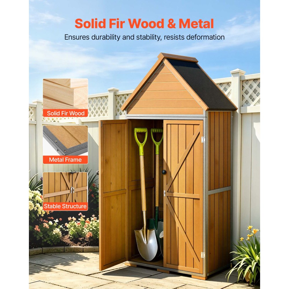 VEVOR Outdoor Storage Shed, 44.09" x 66.93" Wood & Metal Garden Tool Shed with Lockable Doors & Sloped Roof, Waterproof Outside Storage Cabinet with Shelves & Floor for Backyard Patio Lawn, Brown