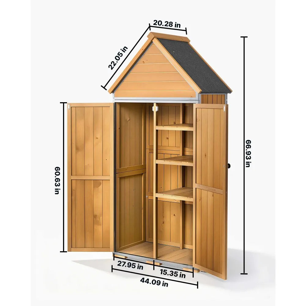 VEVOR Outdoor Storage Shed, 44.09" x 66.93" Wood & Metal Garden Tool Shed with Lockable Doors & Sloped Roof, Waterproof Outside Storage Cabinet with Shelves & Floor for Backyard Patio Lawn, Brown