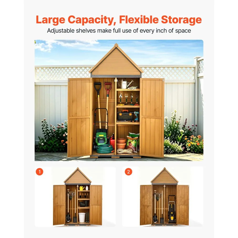 VEVOR Outdoor Storage Shed, 44.09" x 66.93" Wood & Metal Garden Tool Shed with Lockable Doors & Sloped Roof, Waterproof Outside Storage Cabinet with Shelves & Floor for Backyard Patio Lawn, Brown