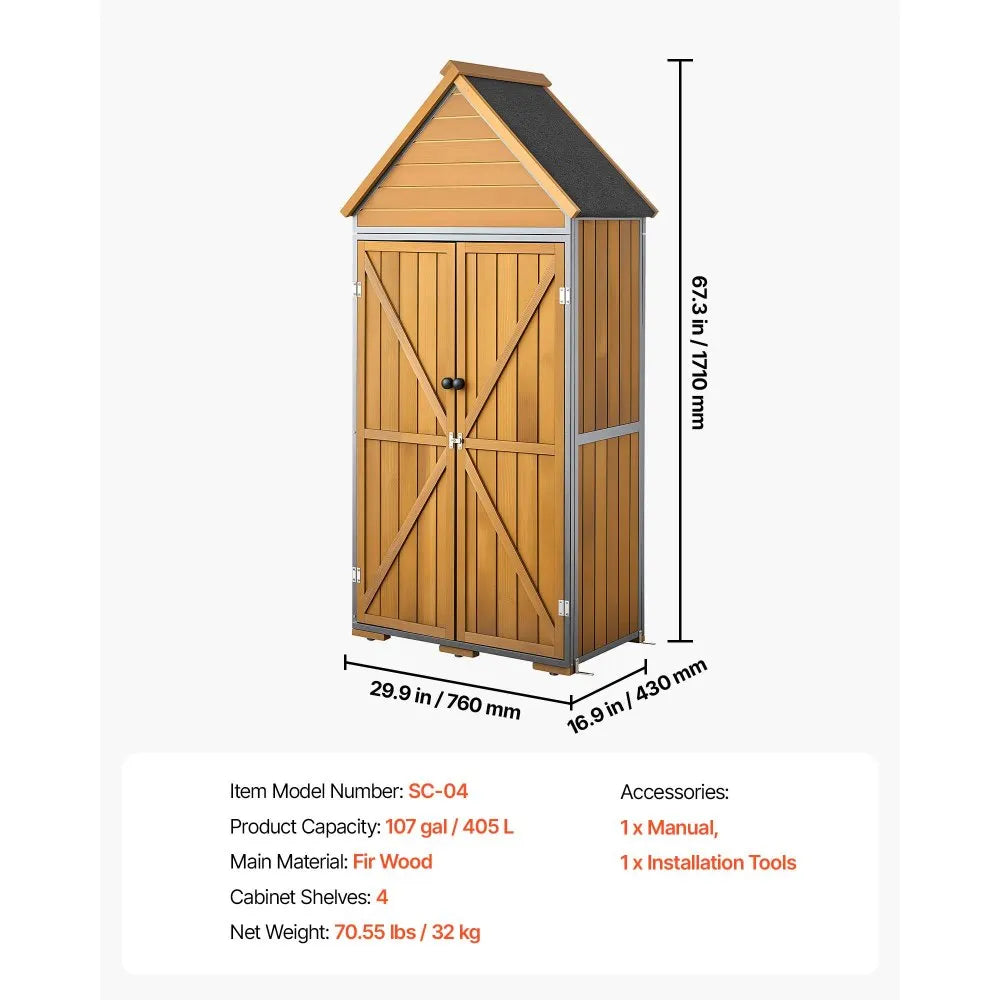 VEVOR Outdoor Storage Shed, 44.09" x 66.93" Wood & Metal Garden Tool Shed with Lockable Doors & Sloped Roof, Waterproof Outside Storage Cabinet with Shelves & Floor for Backyard Patio Lawn, Brown