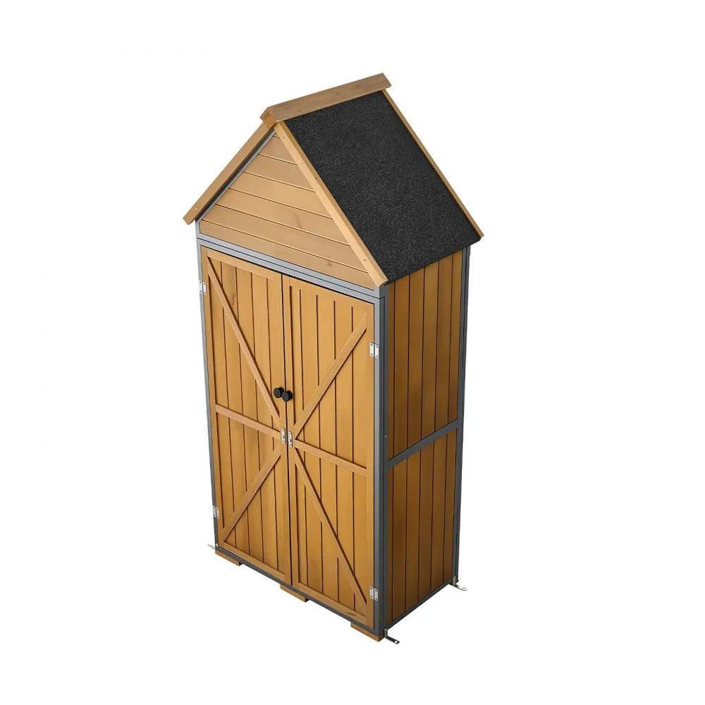 VEVOR Outdoor Storage Shed, 44.09" x 66.93" Wood & Metal Garden Tool Shed with Lockable Doors & Sloped Roof, Waterproof Outside Storage Cabinet with Shelves & Floor for Backyard Patio Lawn, Brown