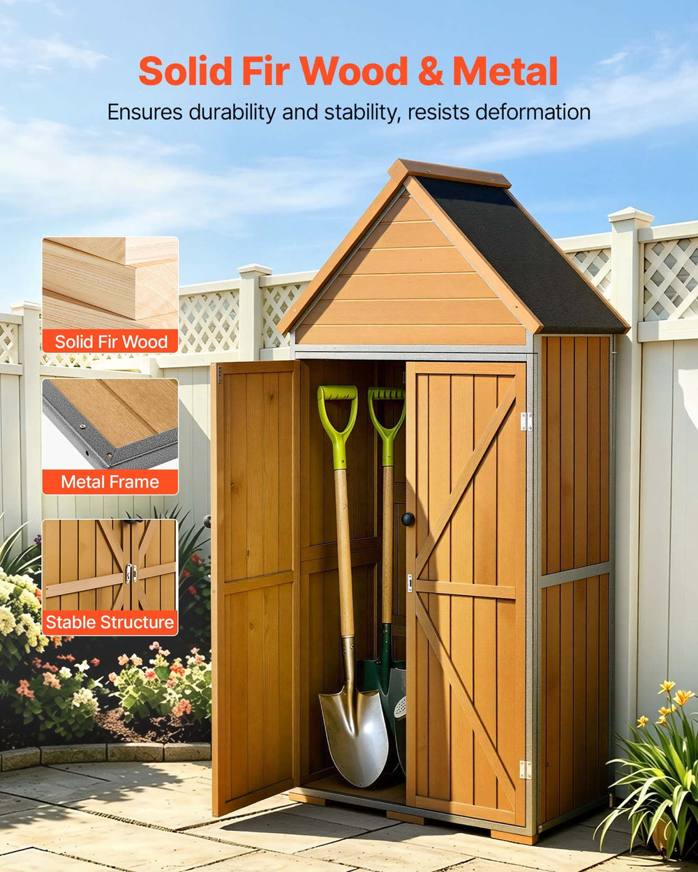 VEVOR Outdoor Storage Shed, 44.09" x 66.93" Wood & Metal Garden Tool Shed with Lockable Doors & Sloped Roof, Waterproof Outside Storage Cabinet with Shelves & Floor for Backyard Patio Lawn, Brown