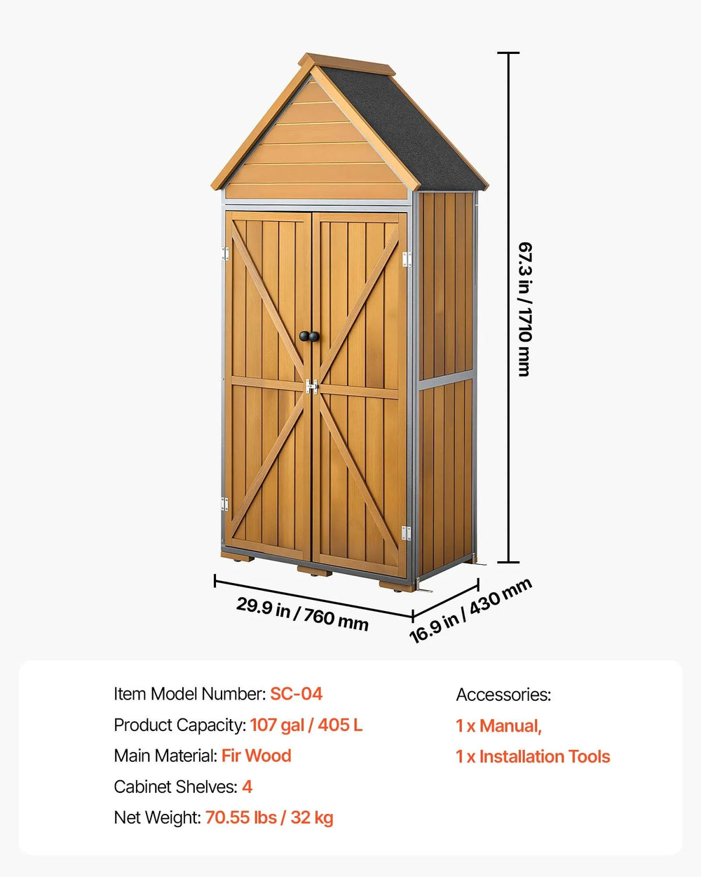 VEVOR Outdoor Storage Shed, 44.09" x 66.93" Wood & Metal Garden Tool Shed with Lockable Doors & Sloped Roof, Waterproof Outside Storage Cabinet with Shelves & Floor for Backyard Patio Lawn, Brown