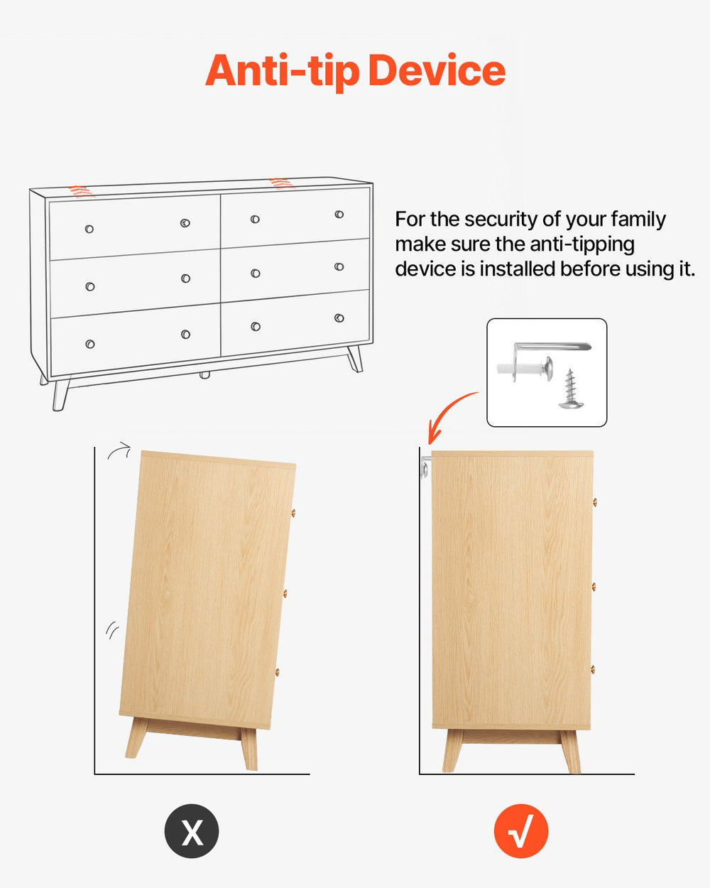 VEVOR 6 Drawer Dresser - Anti-tip Device (Safety)