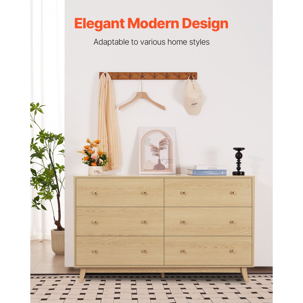VEVOR 6 Drawer Dresser, Wooden Chest of Drawers with Sliding with Anti-tip Device, Modern Minimalist Dresser Chest, Closet Storage Organizer for Living Room, Hallway, Bedroom, Entryway, Light Wood