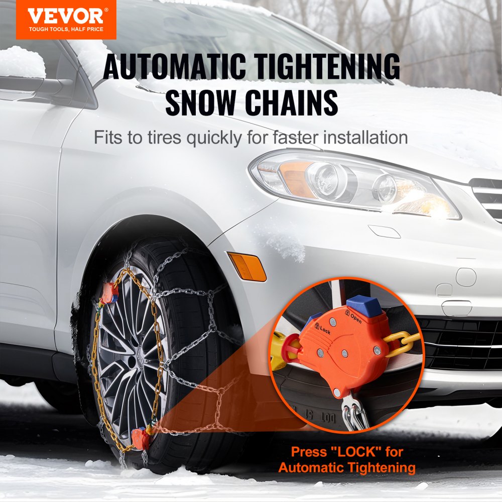 VEVOR Auto Tightening Snow Chains, Diamond Mesh Traction Wheel Chains for Anti-slip, Manganese Alloy Steel Emergency Tire Chains for Cars, Pickups, SUVs, and Trucks (Set of 2)
