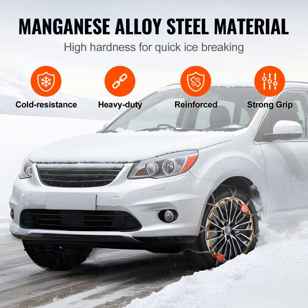 VEVOR Auto Tightening Snow Chains, Diamond Mesh Traction Wheel Chains for Anti-slip, Manganese Alloy Steel Emergency Tire Chains for Cars, Pickups, SUVs, and Trucks (Set of 2)