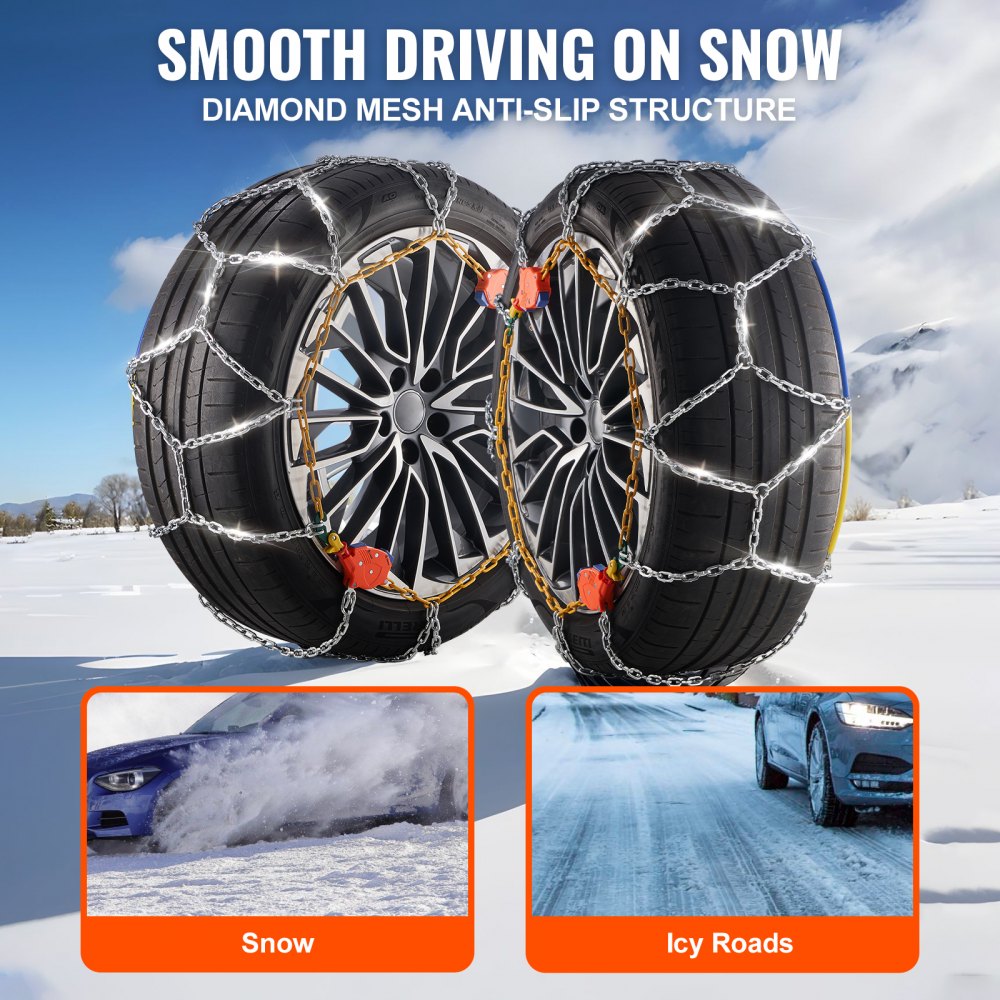 VEVOR Auto Tightening Snow Chains, Diamond Mesh Traction Wheel Chains for Anti-slip, Manganese Alloy Steel Emergency Tire Chains for Cars, Pickups, SUVs, and Trucks (Set of 2)