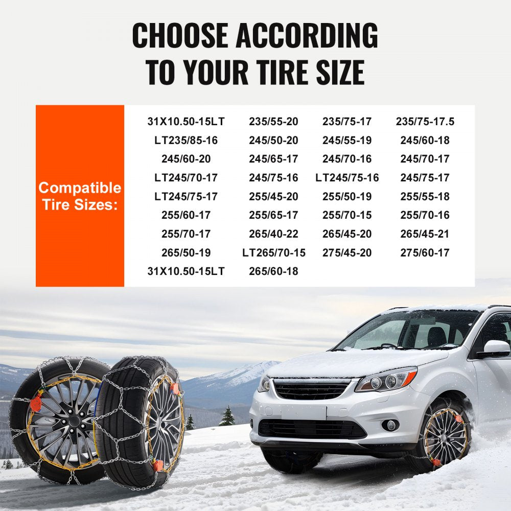 VEVOR Auto Tightening Snow Chains, Diamond Mesh Traction Wheel Chains for Anti-slip, Manganese Alloy Steel Emergency Tire Chains for Cars, Pickups, SUVs, and Trucks (Set of 2)