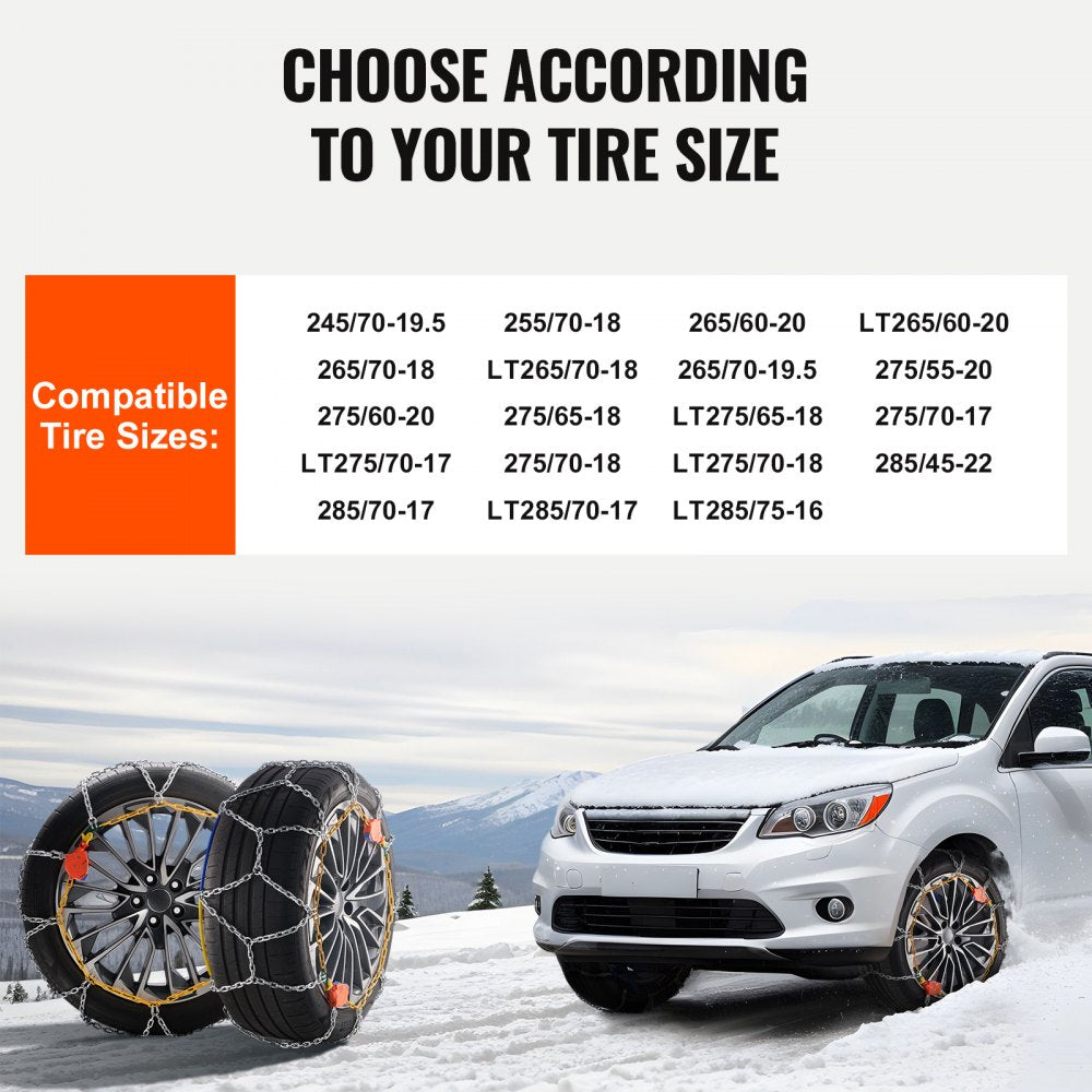 VEVOR Auto Tightening Snow Chains, Diamond Mesh Traction Wheel Chains for Anti-slip, Manganese Alloy Steel Emergency Tire Chains for Cars, Pickups, SUVs, and Trucks (Set of 2)