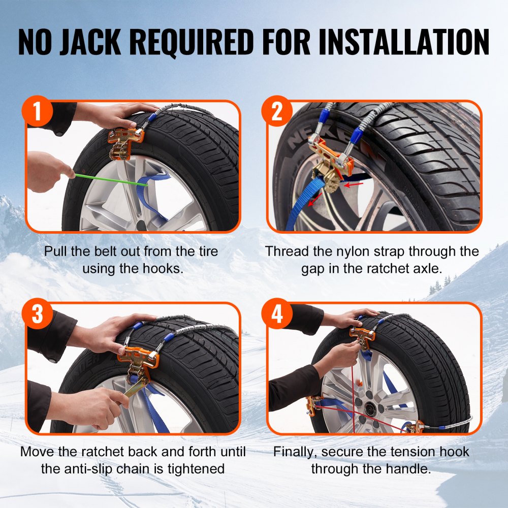 VEVOR 8 PCS Snow Chains, Tire Traction Wheel Chains for Tire Width 9.2-11.2 in/235-285 mm, Manganese Alloy Steel Emergency Tire Chains for Cars, Pickups, SUVs, and Trucks