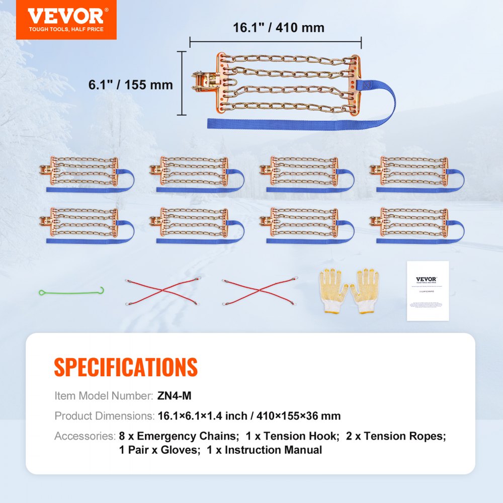 VEVOR 16 PCS Thickened Snow Chains, Tire Traction Wheel Chains for Tire Width 8-8.8 in /205-225 mm, Manganese Alloy Steel Emergency Tire Chains for Cars, Pickups, SUVs, and Trucks