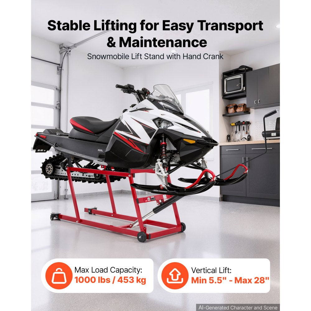 VEVOR Snowmobile Dolly Lift Stand 5.5"-28" Lift Height & Manual Hand Crank, 1000LBS Load Capacity with Wheels, Heavy-Duty Steel Support, Foldable Snowmobile Lifting Stand for Easy Maintenance & Repair