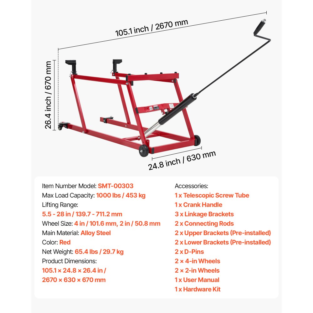 VEVOR Snowmobile Dolly Lift Stand 5.5"-28" Lift Height & Manual Hand Crank, 1000LBS Load Capacity with Wheels, Heavy-Duty Steel Support, Foldable Snowmobile Lifting Stand for Easy Maintenance & Repair