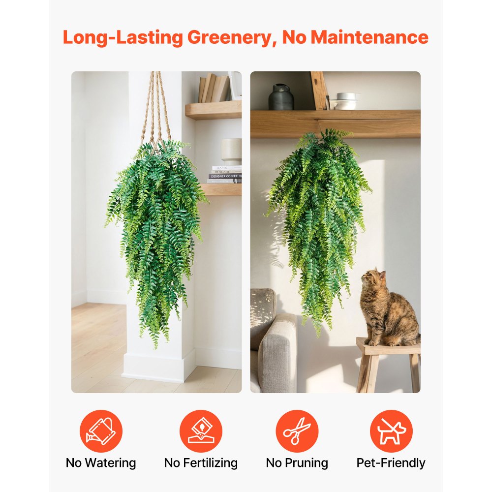 VEVOR Artificial Ferns, 12 Pcs Fake Hanging Boston Fern Bush Plant with 32 Inch Hanging Length, Plastic Faux Greenery for Indoor/Outdoor Decor, For Wall, Wedding Party, Home, Porch Garden, No Basket