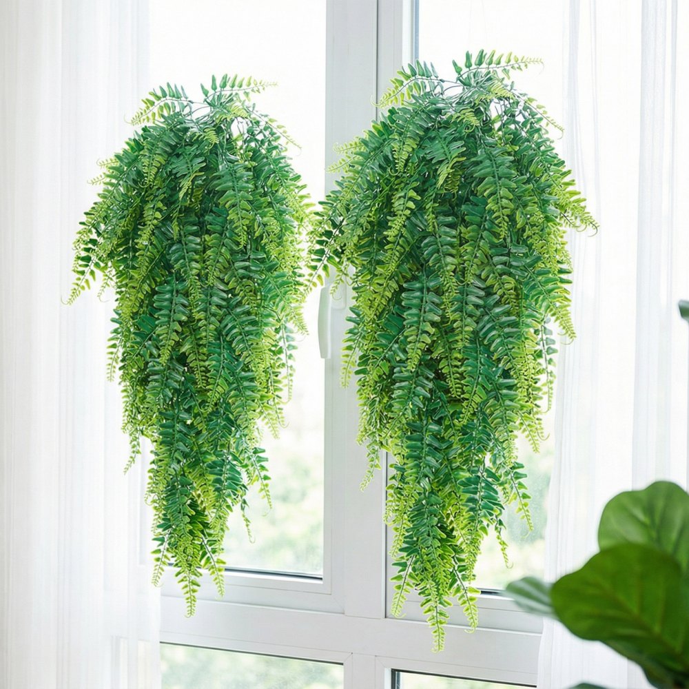 VEVOR Artificial Ferns, 12 Pcs Fake Hanging Boston Fern Bush Plant with 32 Inch Hanging Length, Plastic Faux Greenery for Indoor/Outdoor Decor, For Wall, Wedding Party, Home, Porch Garden, No Basket