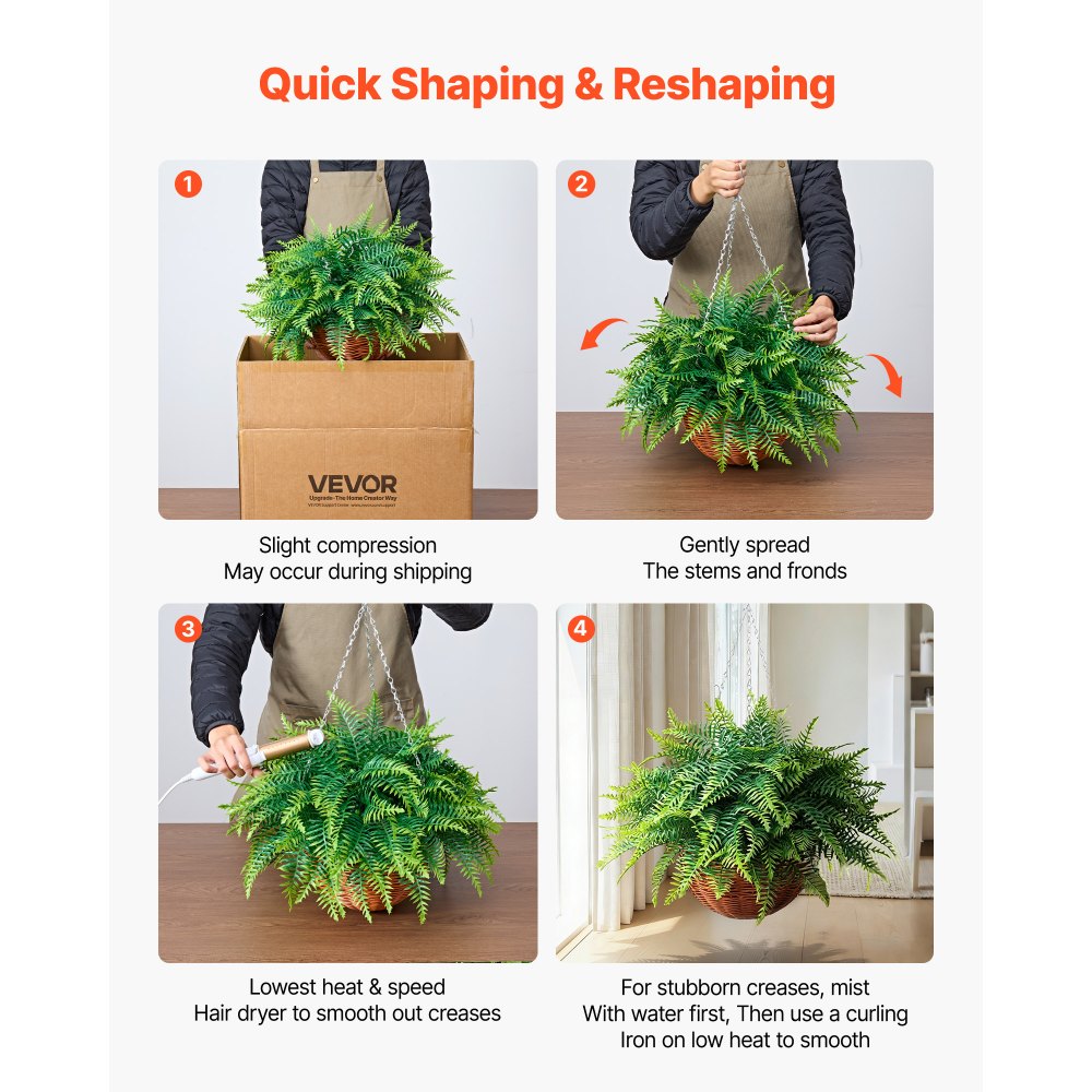 VEVOR Artificial Ferns, 2 Pcs Fake Hanging Boston Fern Bush Plant with 23 Inch Hanging Length, Plastic Faux Greenery for Indoor and Outdoor Decor, For Wall, Wedding Party, Home, Porch Garden, Office