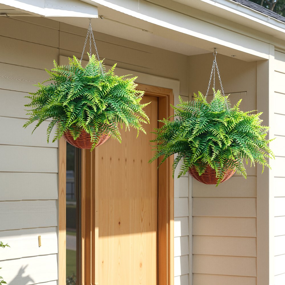 VEVOR Artificial Ferns, 2 Pcs Fake Hanging Boston Fern Bush Plant with 23 Inch Hanging Length, Plastic Faux Greenery for Indoor and Outdoor Decor, For Wall, Wedding Party, Home, Porch Garden, Office