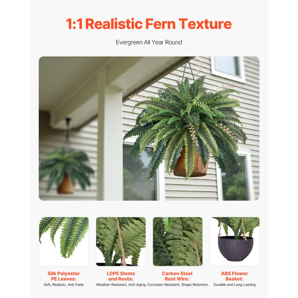VEVOR Artificial Ferns, Natural Spread Diameter 37-41 Inch, Large Hanging Fake Boston Ferns, Sunlight Resistant Fake Plant Wall Decor with 80 Branches and Flowerpot, Faux Fern for Home Office Outdoor